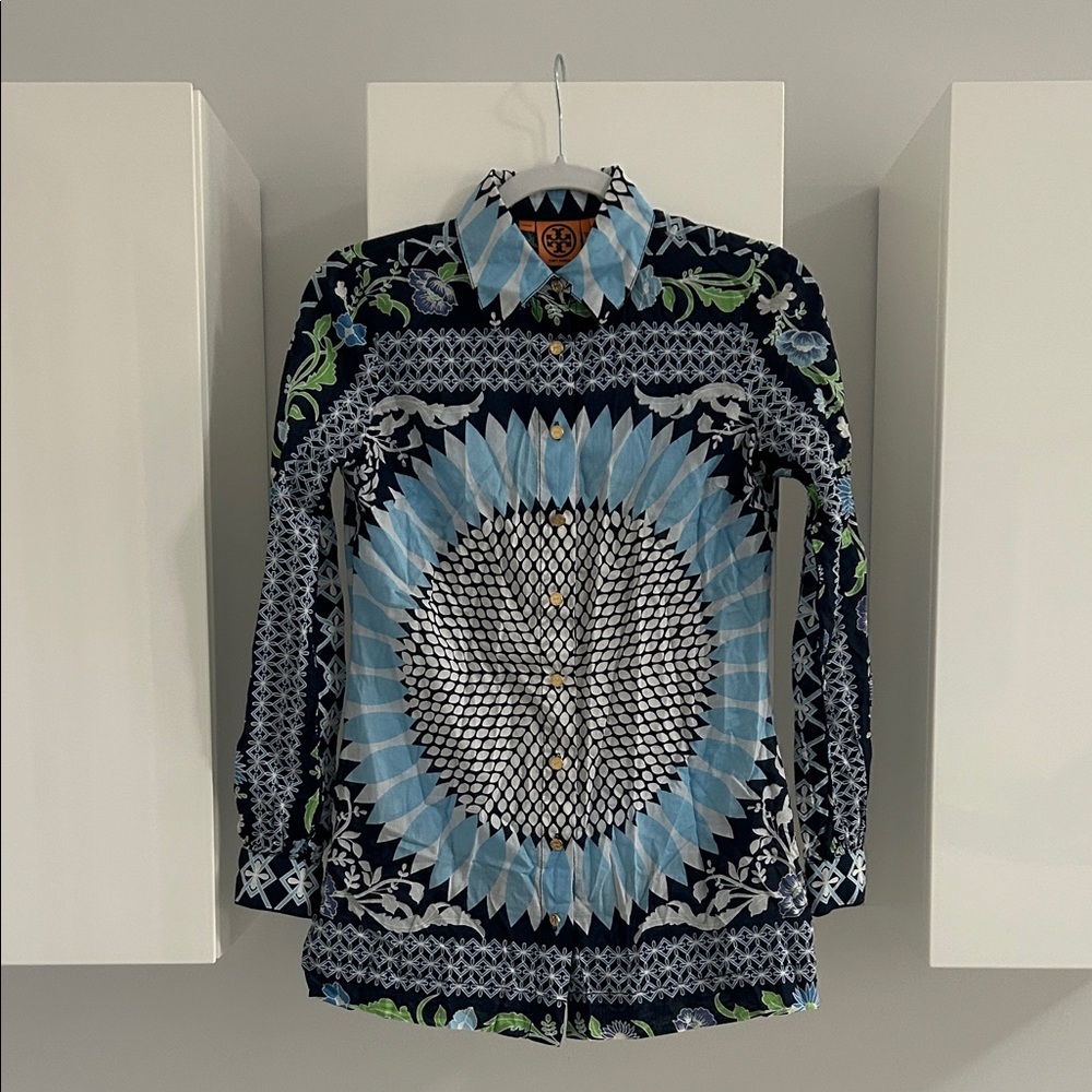 Tory Burch Blue and Black Patterned Button Down Shirt